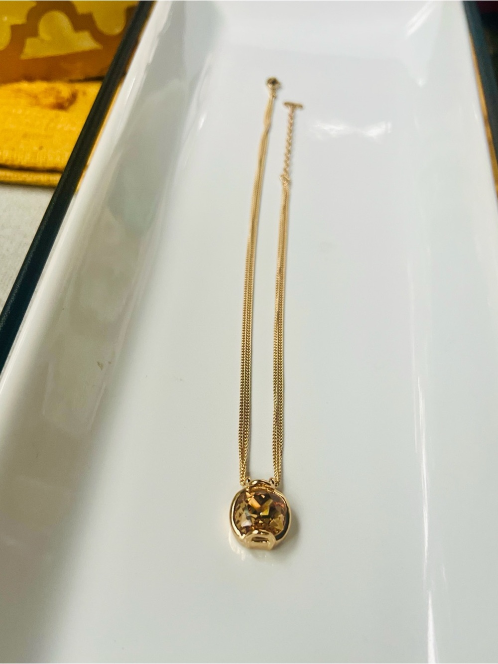 Dior Gold-Tone Pendant Double Chain with Amber Colored Stone/Glass Necklace
